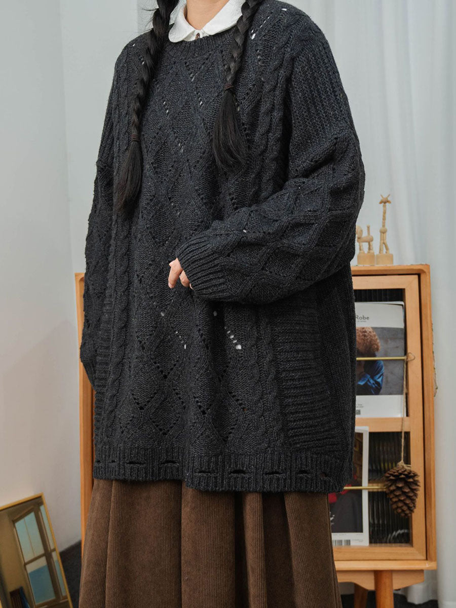Women Winter Artsy Rhomboids Knitted Loose Sweater