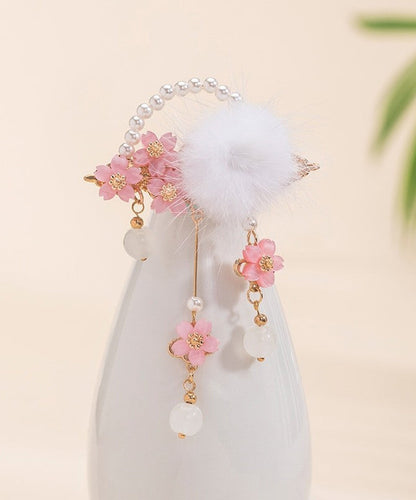 Beautiful Colorblock Copper Pearl Floral Mink Hair Tassel Girls Hairpin