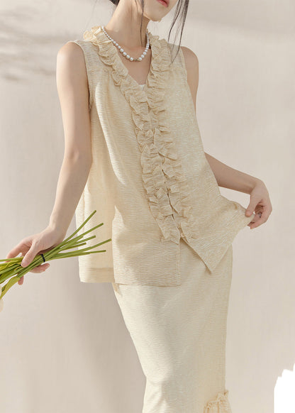 Loose Apricot Floral Vest And Maxi Skirts Two-Piece Set Sleeveless