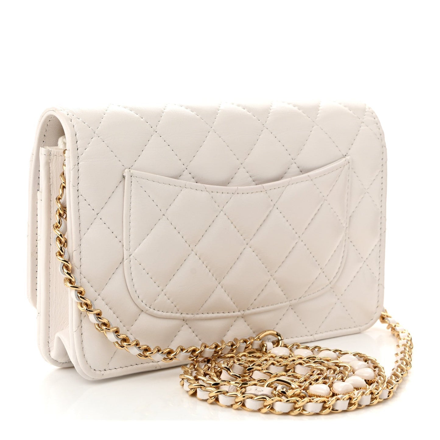 Shiny Crumpled Calfskin Quilted Enamel Heart Wallet On Chain WOC White