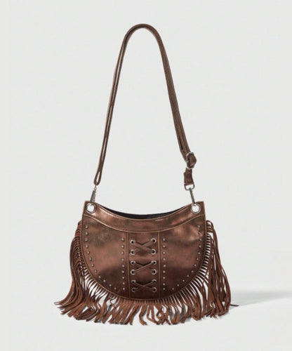 Casual Brown Tasseled Rivet Faux Leather Messenger Bag