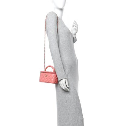 Lambskin Quilted Small Charming Top Handle Vanity Case With Chain Pink
