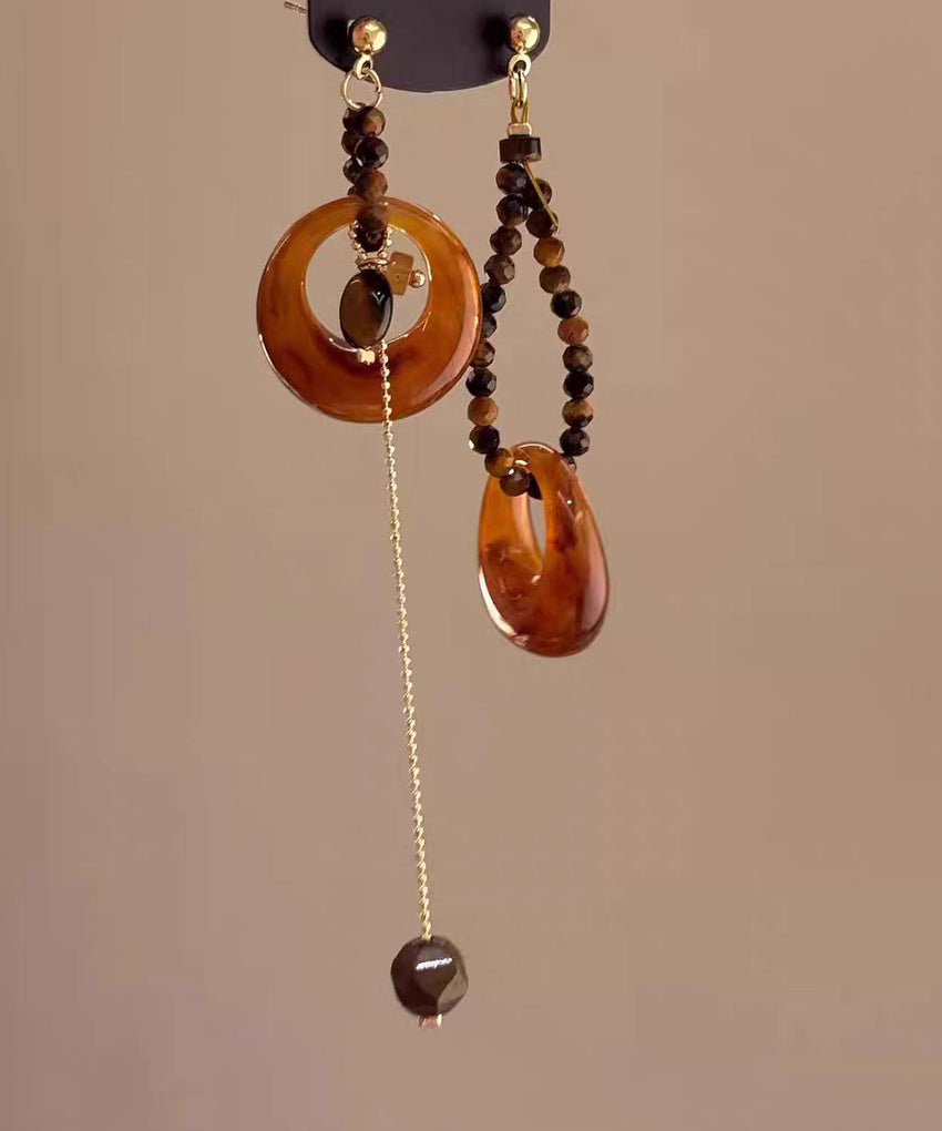 Vintage Brown Copper Overgild Asymmetrical Tiger's Eye Beading Tassel Drop Earrings