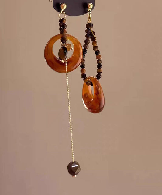 Vintage Brown Copper Overgild Asymmetrical Tiger's Eye Beading Tassel Drop Earrings