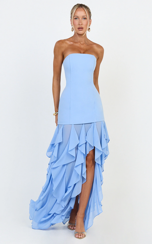 Light Blue Strapless Ruffled High-Slit Maxi Dress