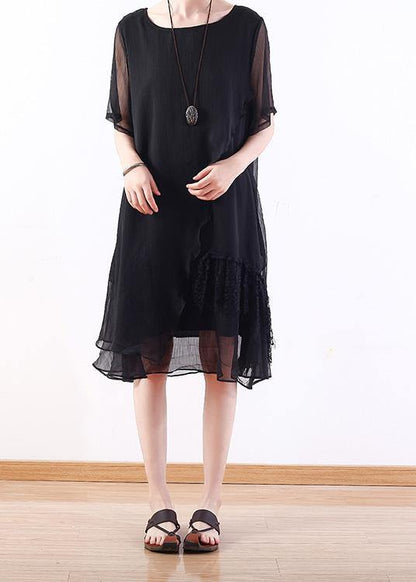 Handmade black Chiffon tunics for women Organic Outfits layered loose summer Dress