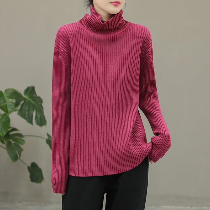 Women Solid Stripe Knitted Turtleneck Winter Sweater