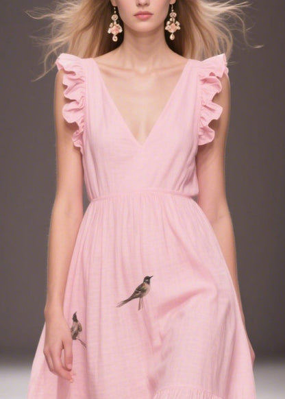 Elegant Pink Print Cotton Holiday Dress Butterfly Sleeve