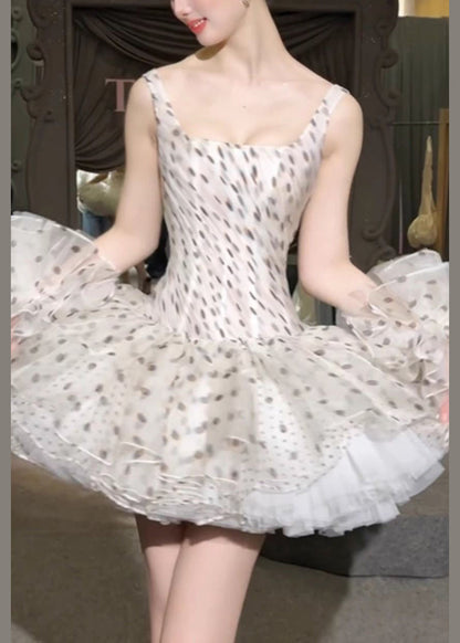 Elegant White Square Collar Dot Chiffon Mini Dresses Sleeveless