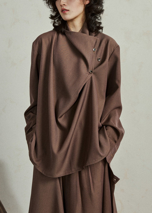 Fine Coffee Asymmetrical Button Shirt Lantern Sleeve