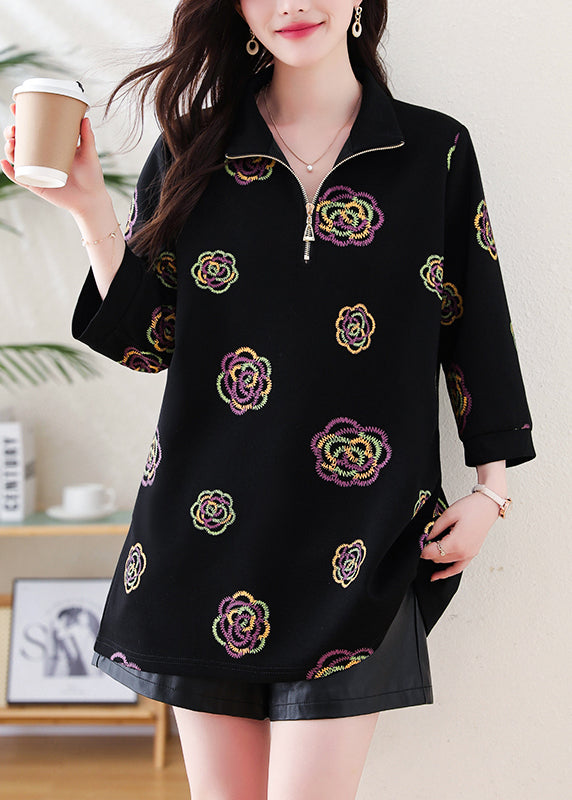 Plus Size Black Zip Up Print Cotton Sweatshirts Top Fall