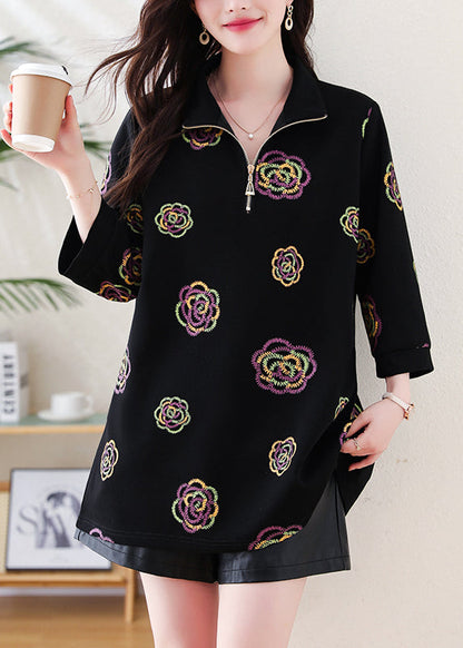 Plus Size Black Zip Up Print Cotton Sweatshirts Top Fall