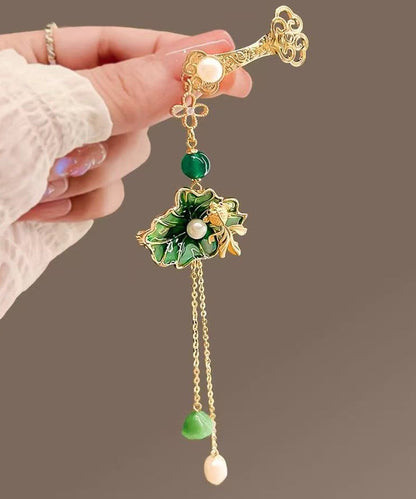 Vintage Green Copper Pearl Orchid Tassel Hairpin