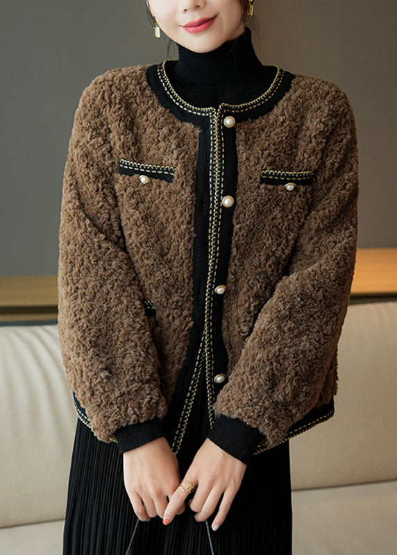 French Coffee O-Neck Patchwork Button Faux Fur Coats Winter