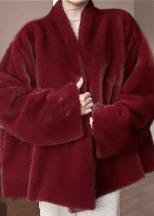 Boho Red Warm Solid Leather And Fur Coats V Neck Winter