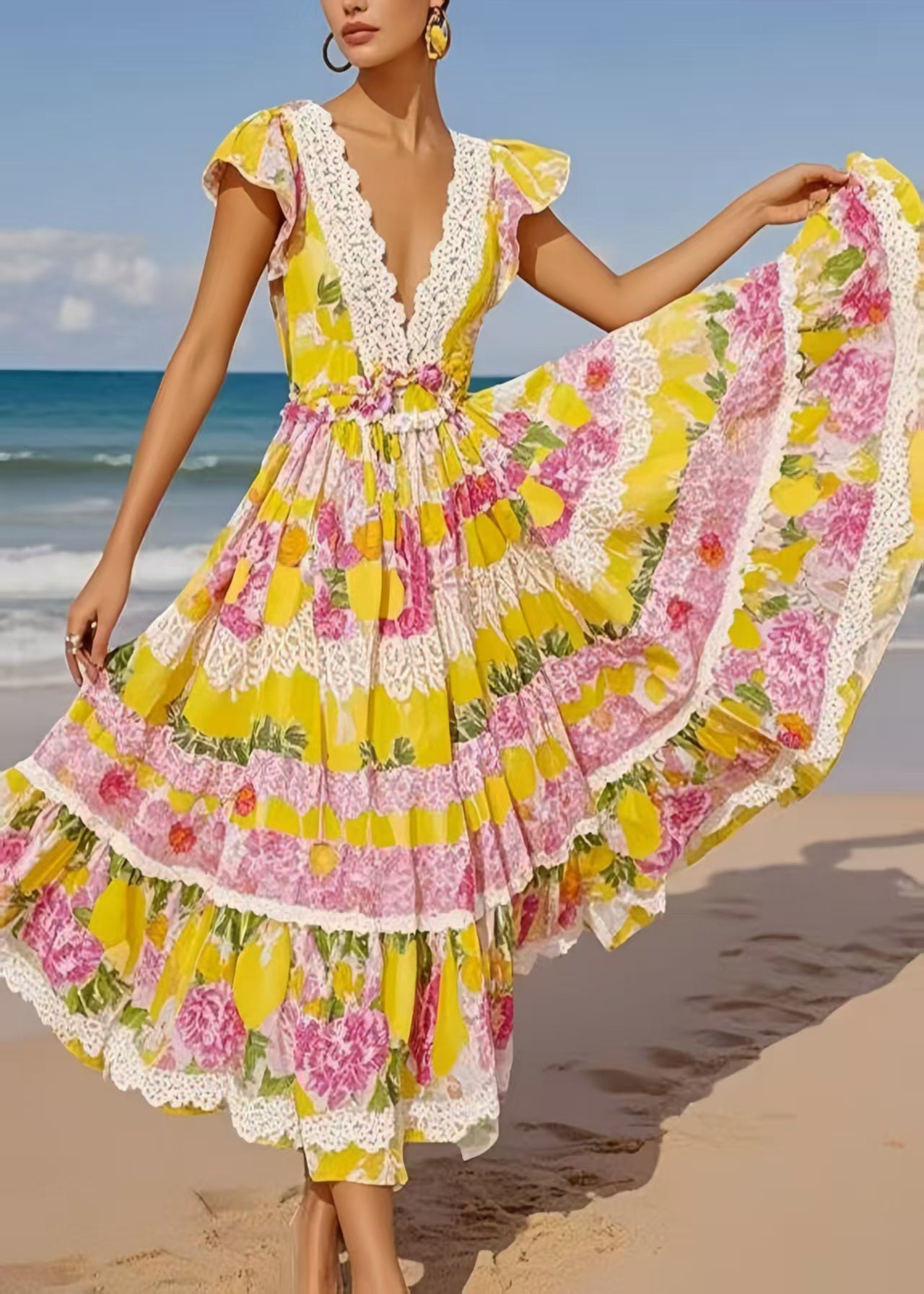 Bohemian Yellow Print Exra Large Hem Cotton Sundress Sleeveless