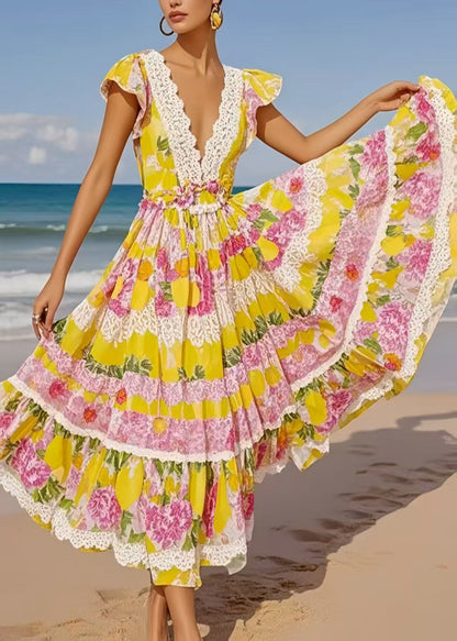 Bohemian Yellow Print Exra Large Hem Cotton Sundress Sleeveless