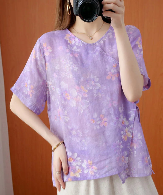 Art o neck tie waist Blouse Wardrobes purple print shirt