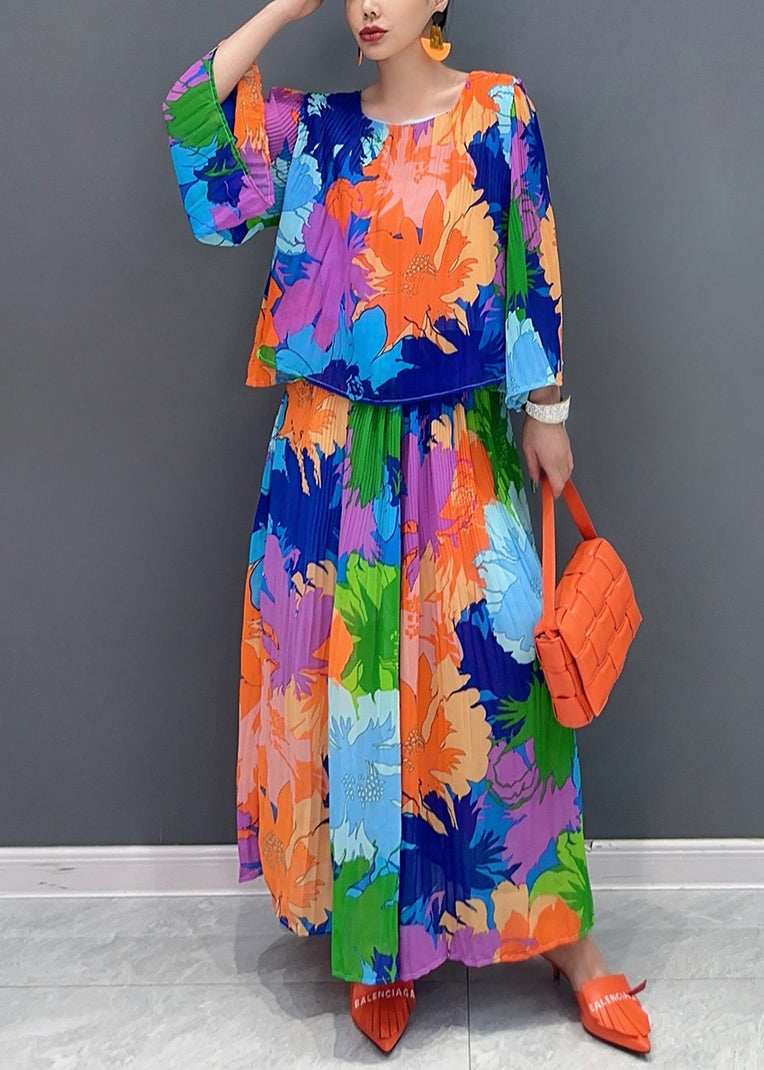 Women O-Neck Wrinkled T Shirts And Maxi Skirts Two Pieces Set Bracelet Sleeve