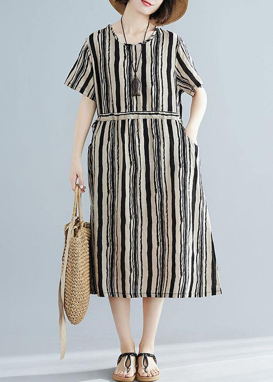 DIY o neck drawstring dress Sewing black striped Dresses summer