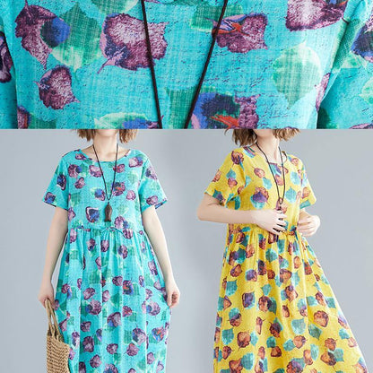DIY blue print linen quilting clothes Fitted Wardrobes o neck patchwork A Line Summer Dress