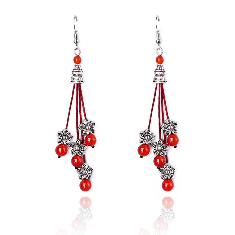 Vintage Miao Silver Red Bead Glass Earrings