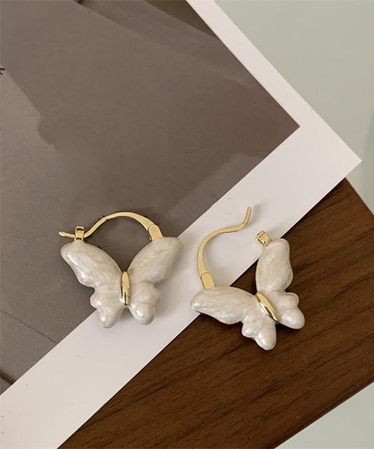 Elegant White Copper Overgild Drop Glaze Butterfly Hoop Earrings