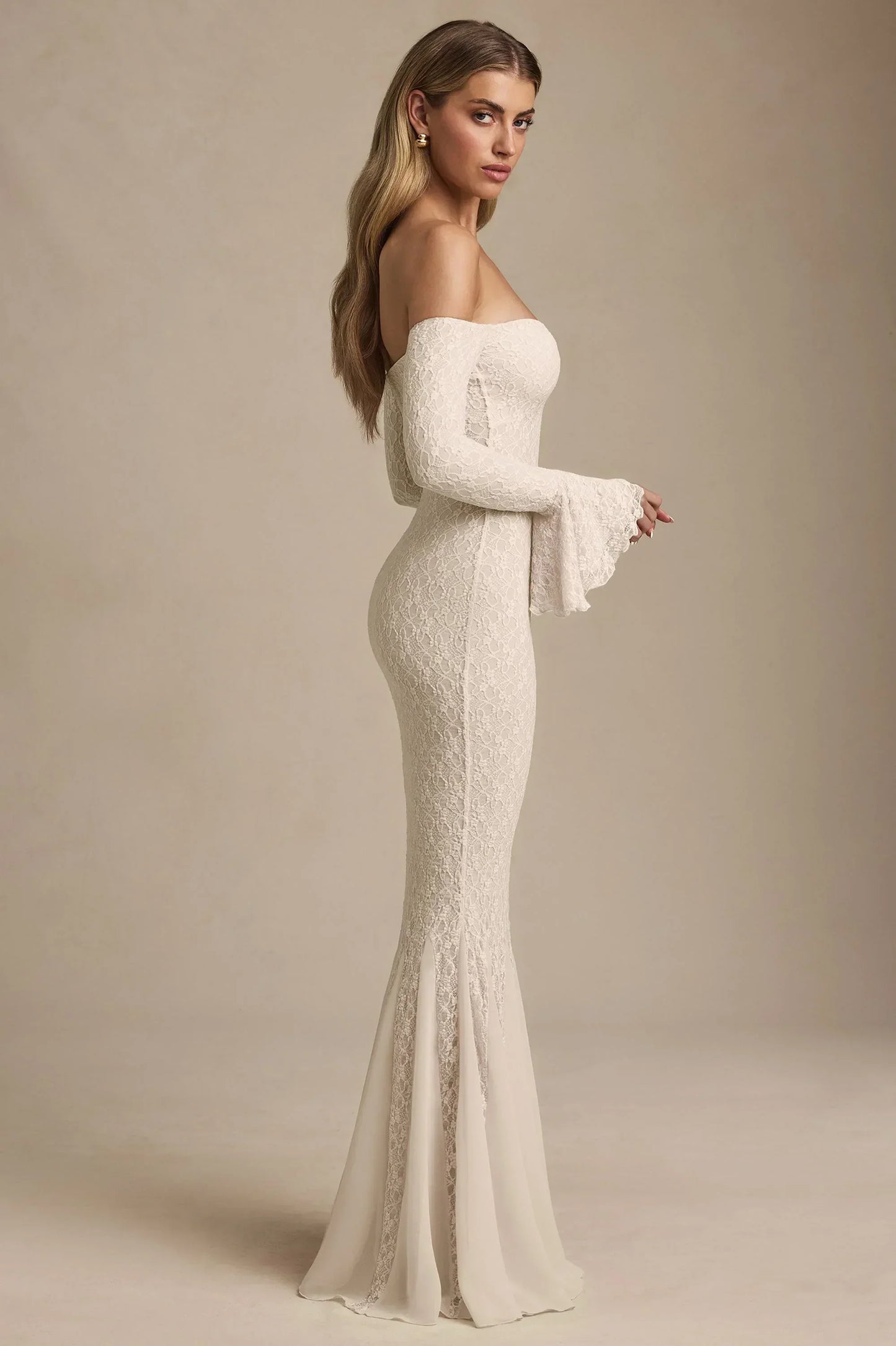 Off-Shoulder Ruffle Lace Maxi Dress In Ivory