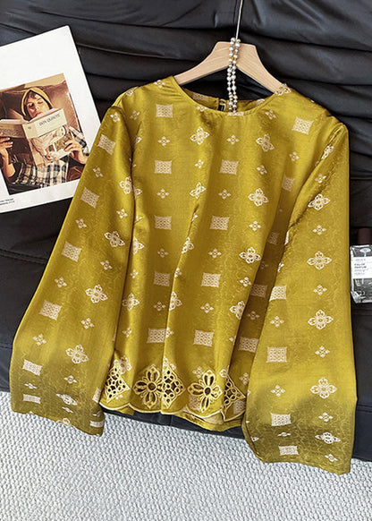 Chic Yellow O Neck Print Hollow Out Silk Shirt Tops Fall