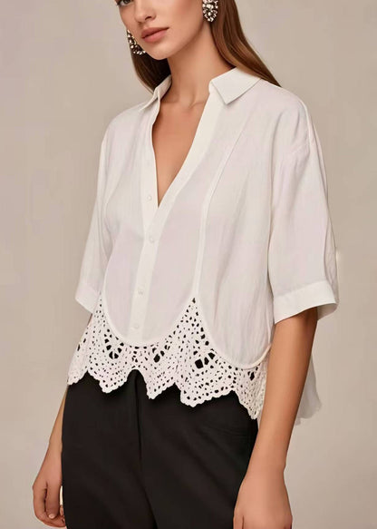 Casual White V Neck Patchwork Lace Short Shirt Summer