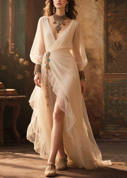 Boho White Tasseled Exra Large Hem Tulle Party Dress Summer