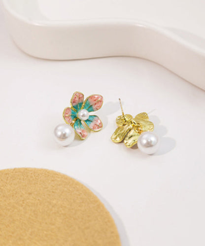 Stylish Red Copper Alloy Pearl Floral Drop Earrings