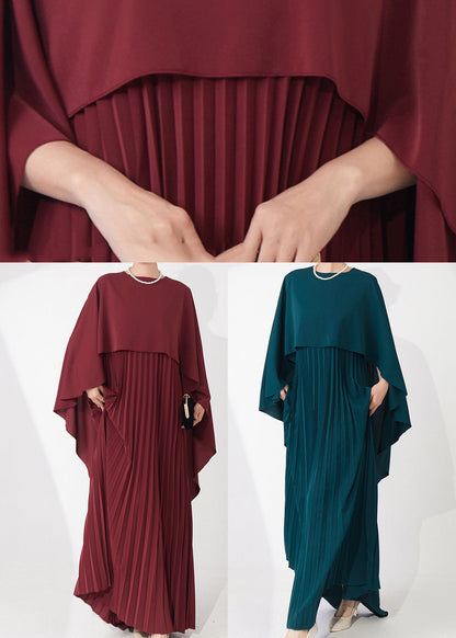 Retro Elegance Burgundy Cape-Style Pleated Dinner Gown Fall