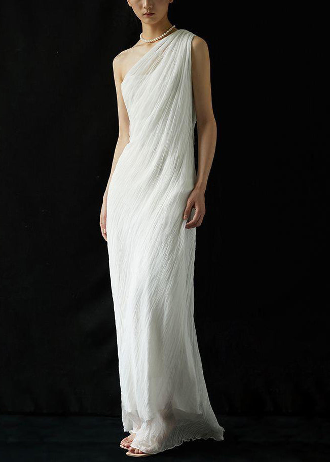 Art White Cold Shoulder Wrinkled Solid Silk Maxi Dress Summer