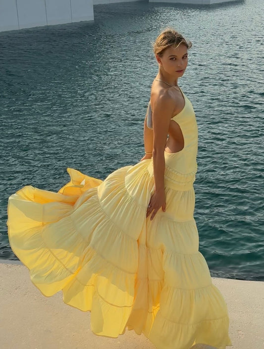 One-Shoulder Open-Back Tiered Maxi Dress