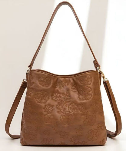 Fashion Brown Embroidered Inner Pocket Faux Leather Women Handbag