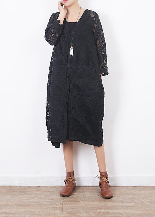French black lace clothes For Women Omychic Work Outfits v neck loose summer hollow out cardigan