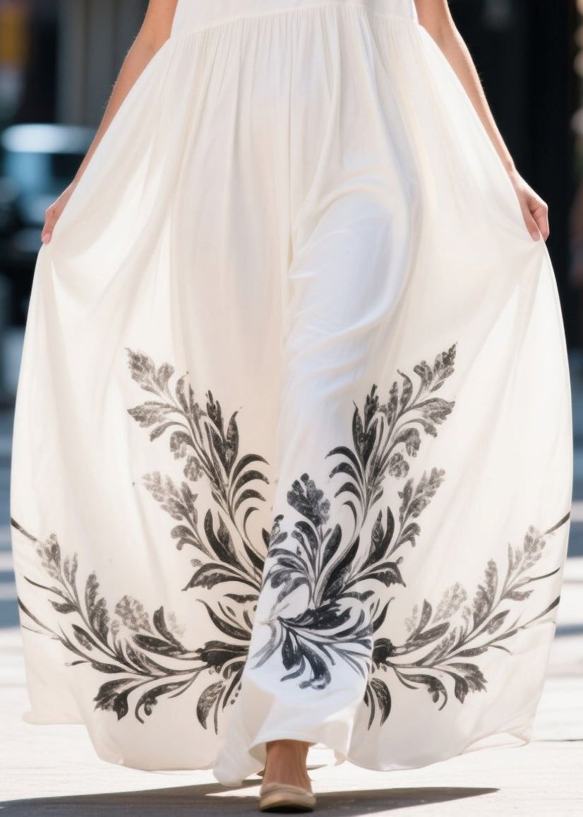 Boho White Oversized Print Chiffon Long Dresses Summer