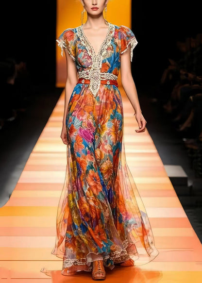 Modern Cinched Floral Print Chiffon Long Dresses Summer