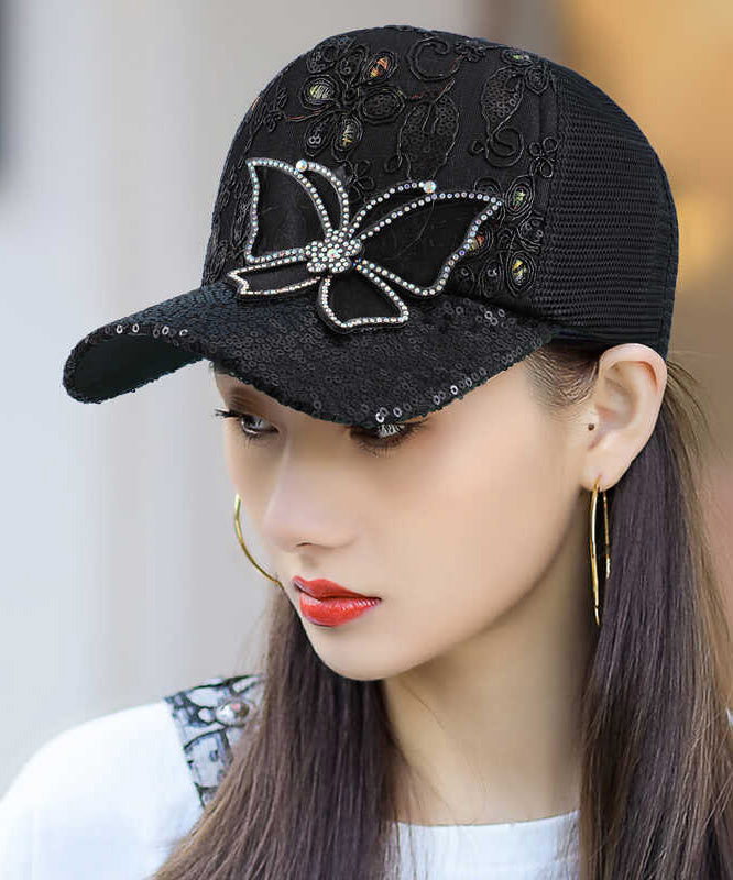 Women Summer Fashion Pink Mesh Zircon Butterfly Baseball Hat