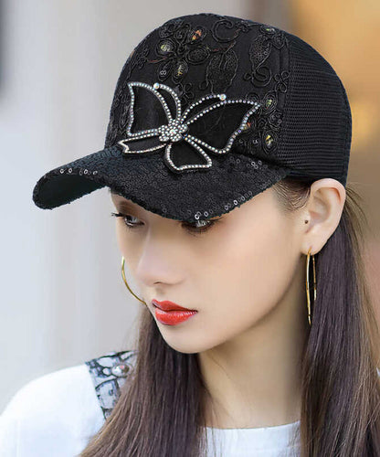 Women Summer Fashion Pink Mesh Zircon Butterfly Baseball Hat