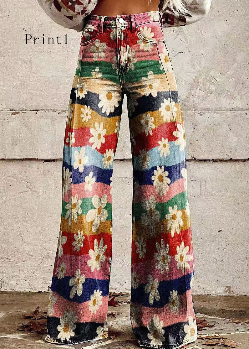 Loose Floral Print High Waist Pockets Denim Pants Spring