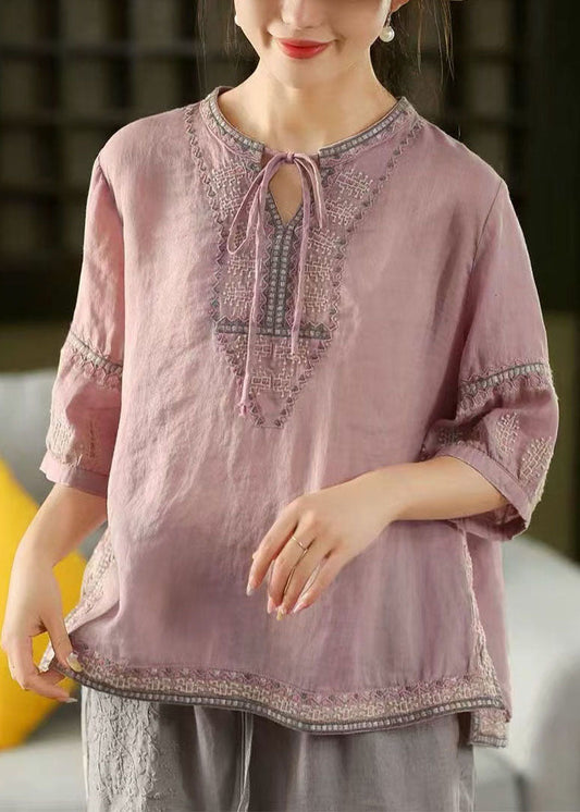 Beautiful Purple Embroidered Linen Shirt Top Summer