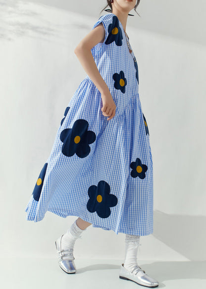 Fashion Blue O-Neck Plaid Tie Waist Floral Maxi Dresses Summer