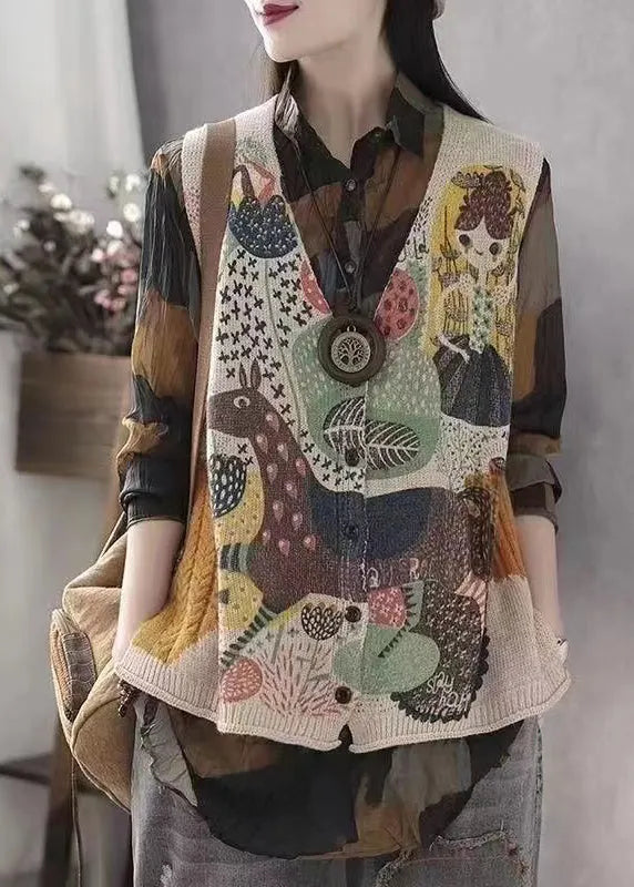 Vintage Beige Print Knit Vests Spring