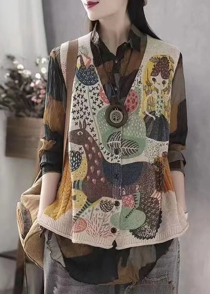 Vintage Beige Print Knit Vests Spring