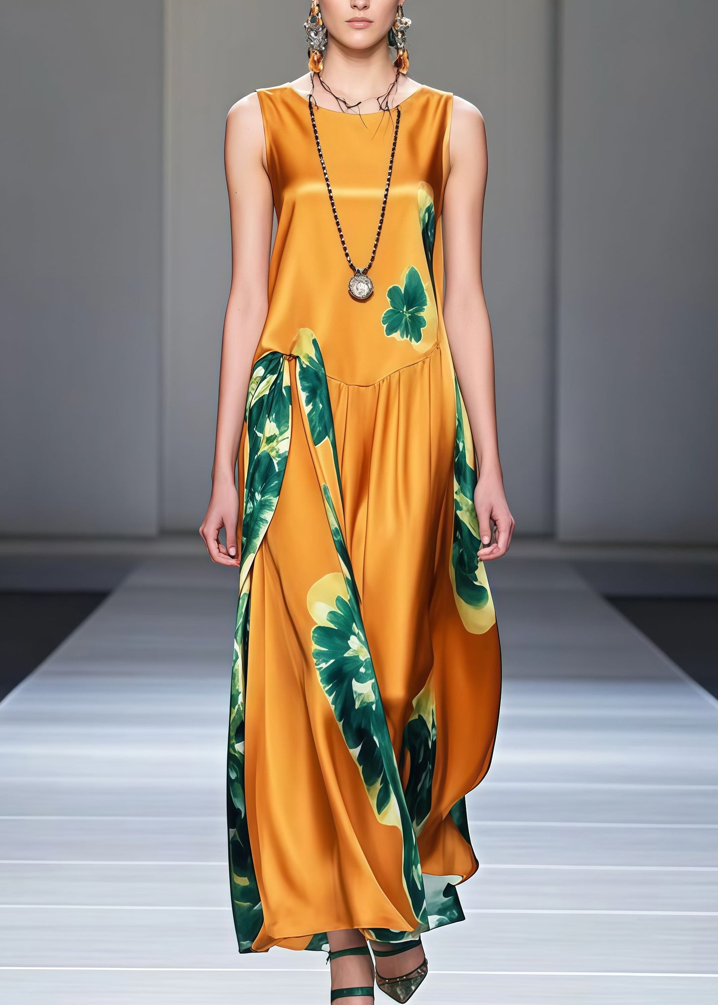 Bohemian Yellow Print Draping Silk Maxi Dresses Sleeveless