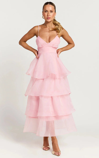 Cindy Midi Dress Layered Skirt Dress in Soft Pink