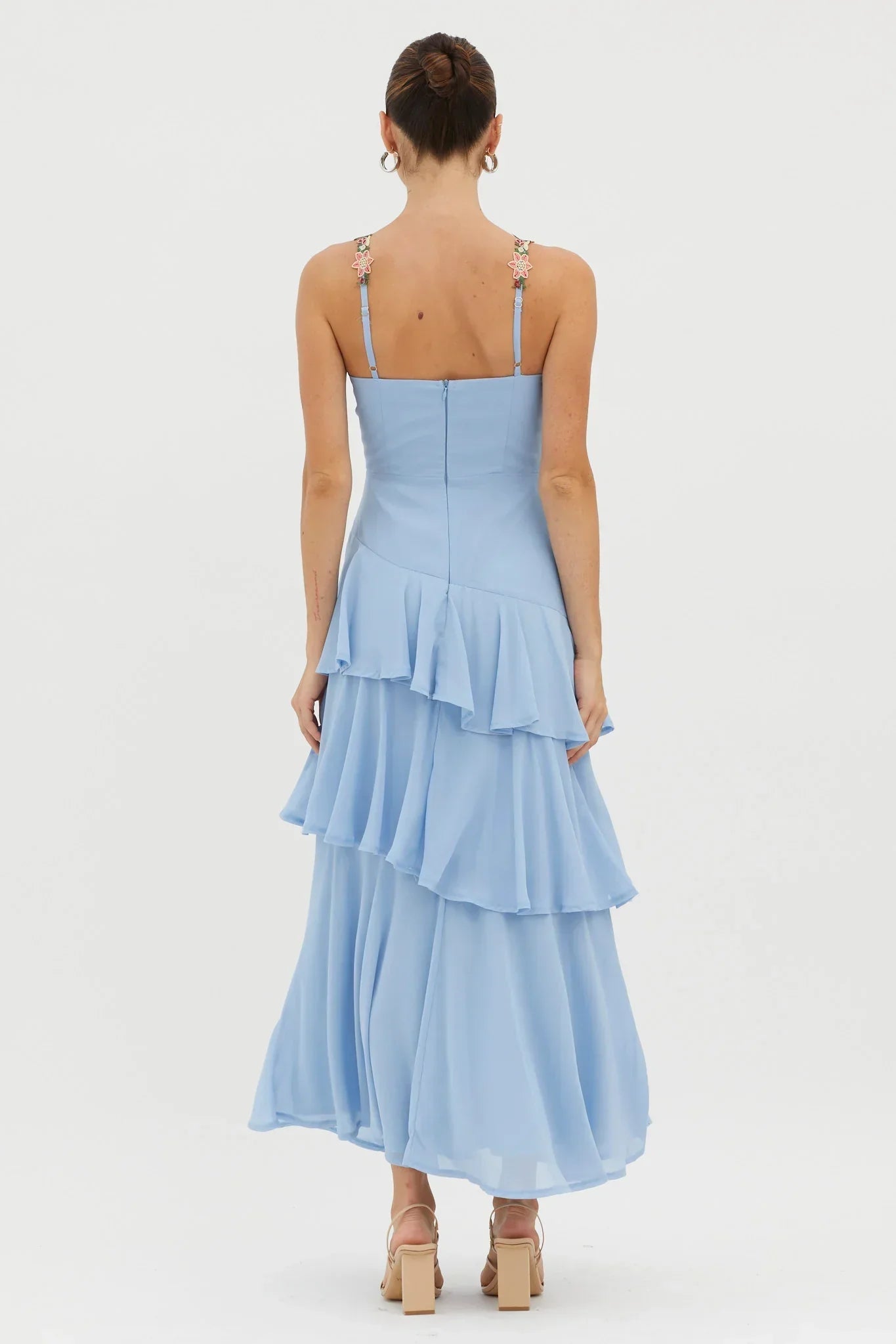 Rose Garden Tiered Ruffle Floral Trim Dress Blue