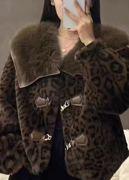 Chic Leopard Peter Pan Collar Button Mink Hair Coats Winter